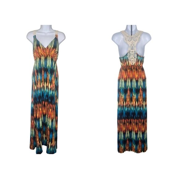 No Boundaries Embroidered Racerback Vneck Maxi Dress Jrs‎ M 7-9 Empire Tie Dye - Picture 1 of 12